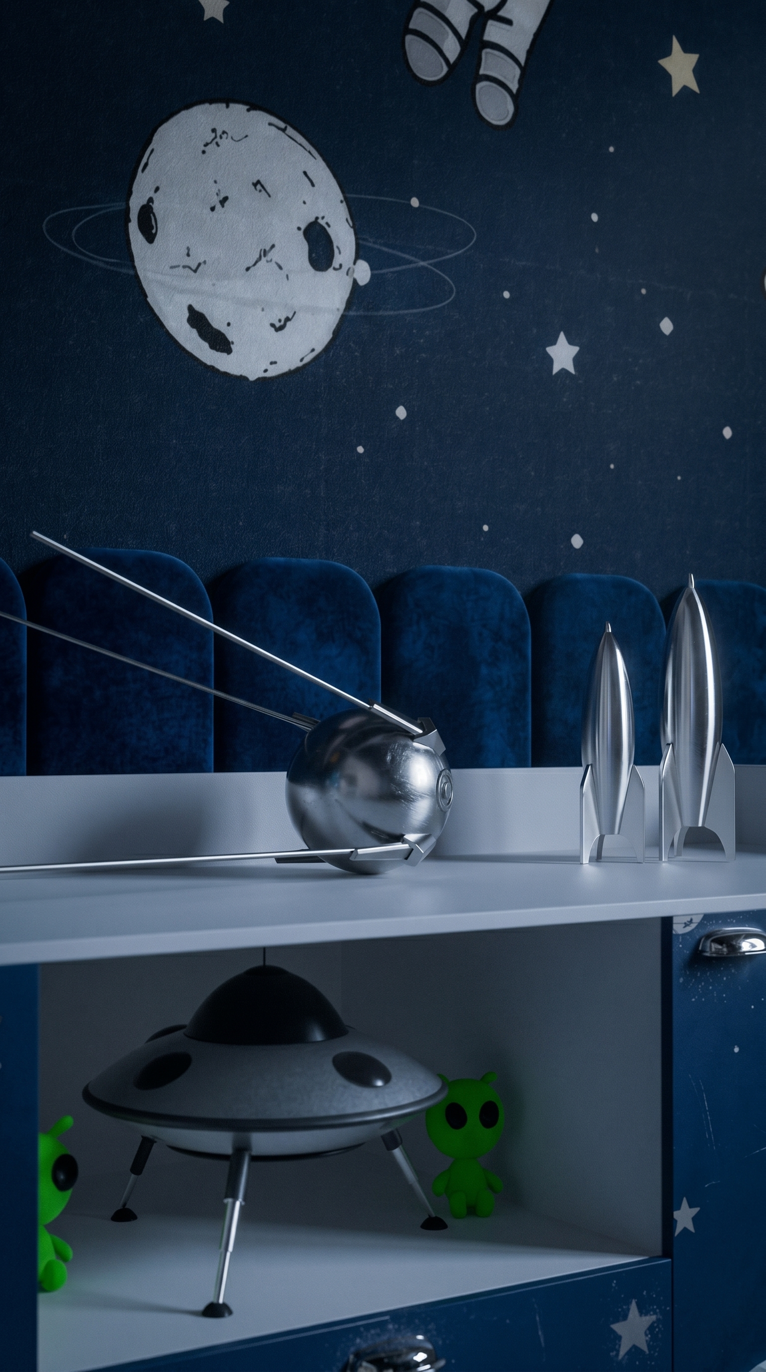 Escrivaninha com foguetes, satélite e disco voador no quarto infantil